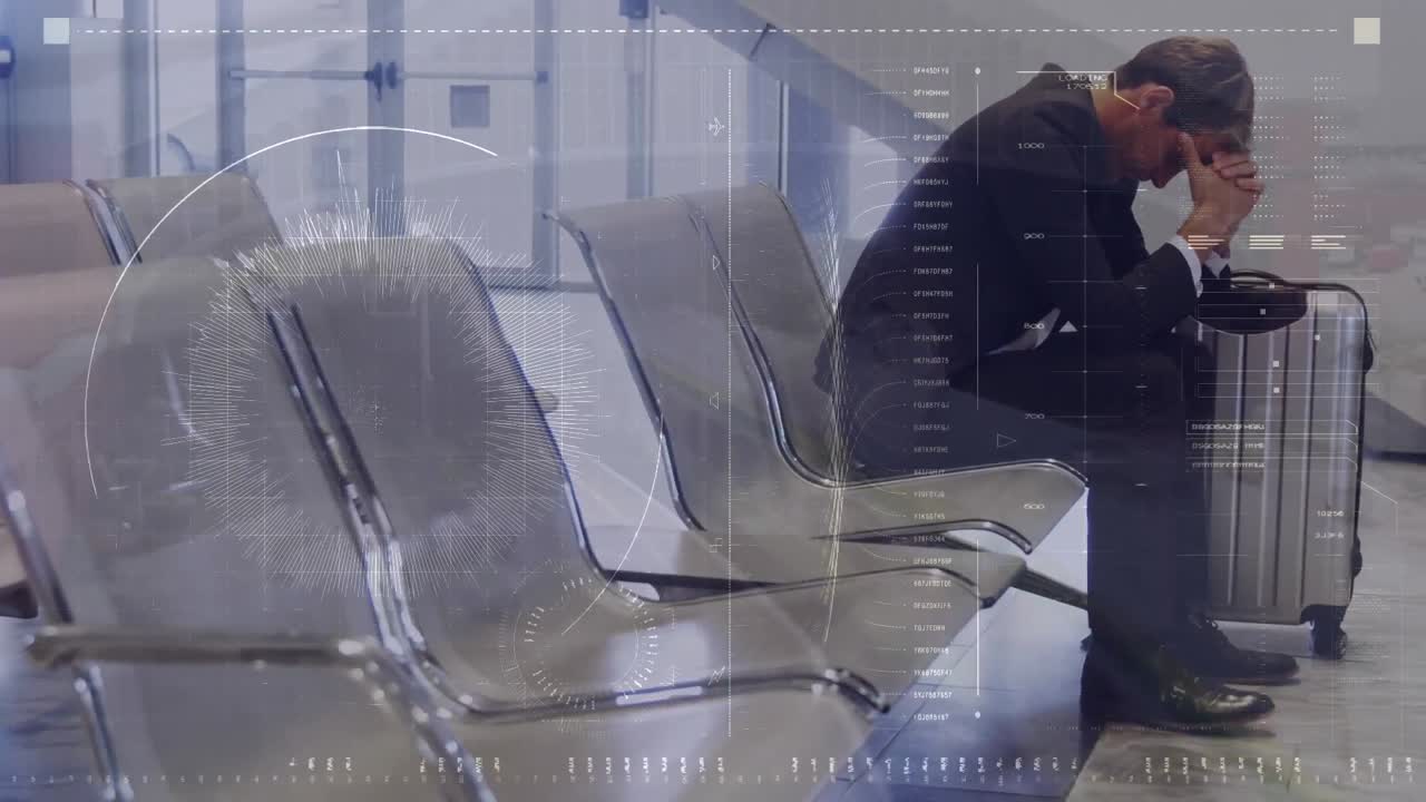 Animación de procesamiento de datos y globo terráqueo sobre un empresario caucásico en un aeropuerto