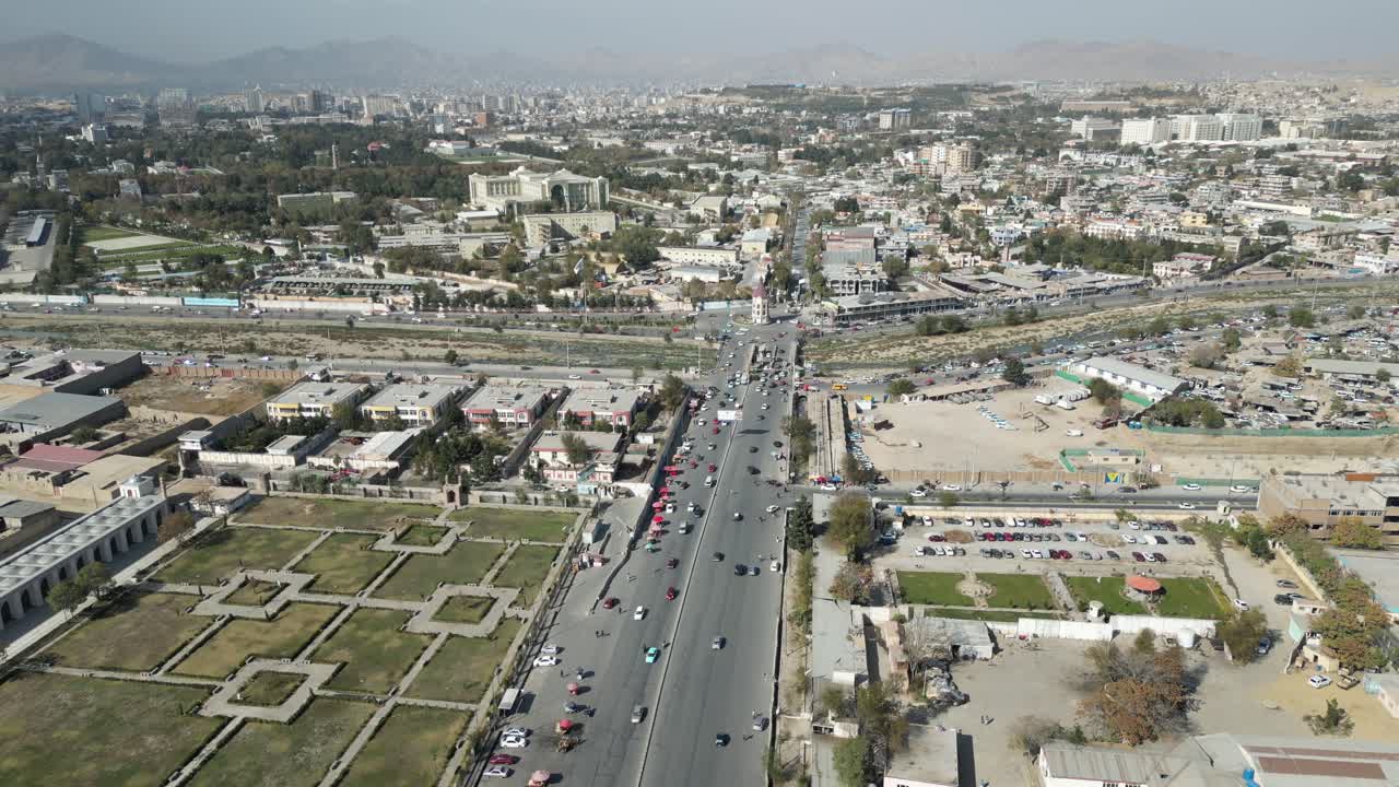 Drone Shot of Kabul Afghanistan, Busy Traffic in City Suburbs and Buildings. Sash Darak and Rika Khana Neighborhoods