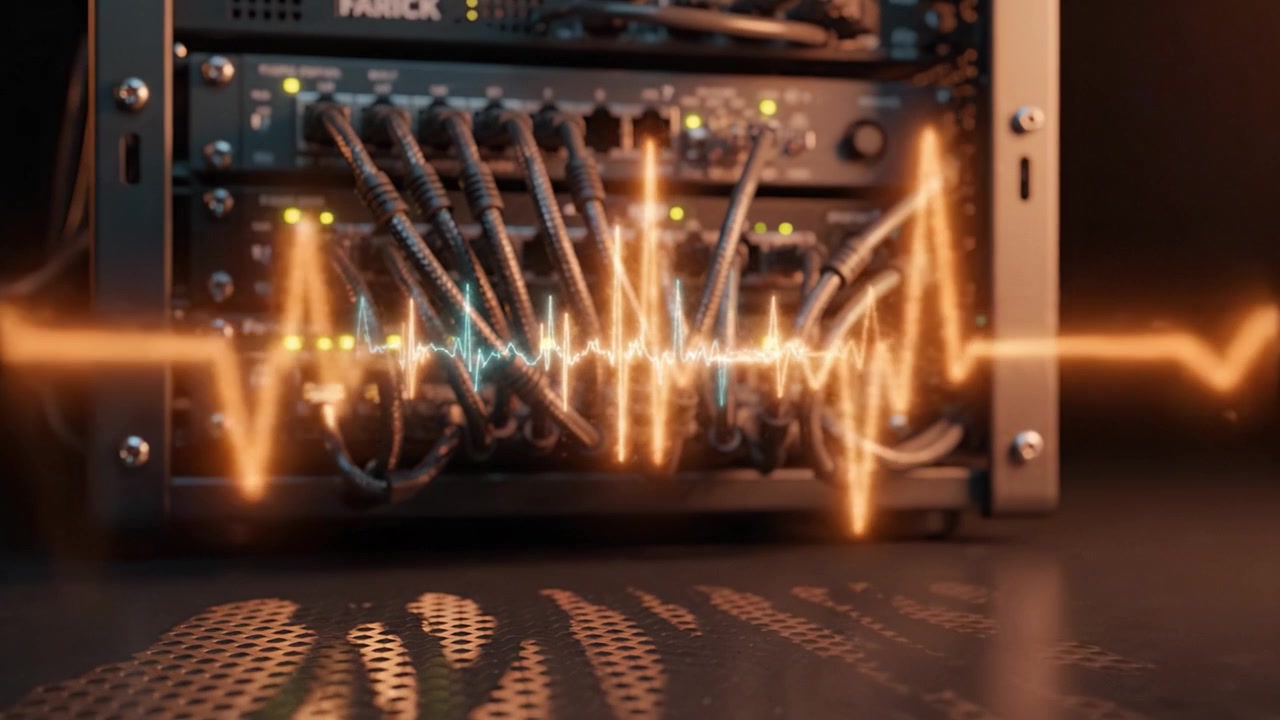 A Close-Up View of a Complex Network Switch with Multiple Cables and Active Indicators in an Ambient Lighting Setting, Showcasing Modern Technology Infrastructure