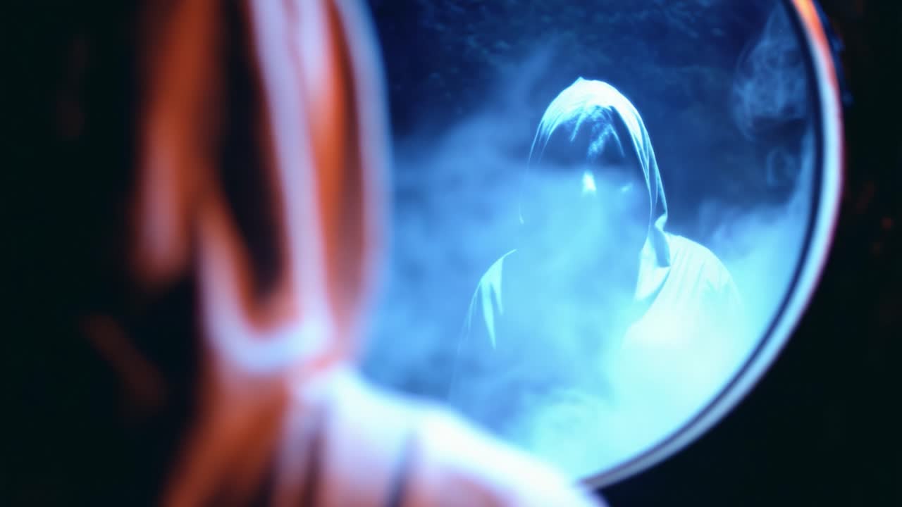 A Mysterious Figure Shrouded in Mist Stares Intensely from a Mirror, Creating an Eerie Atmosphere of Suspense and Intrigue in a Dark Environment