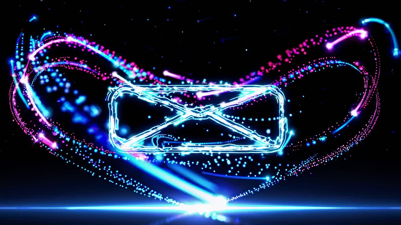 Futuristic video concept of a glowing envelope icon surrounded by swirling neon lights