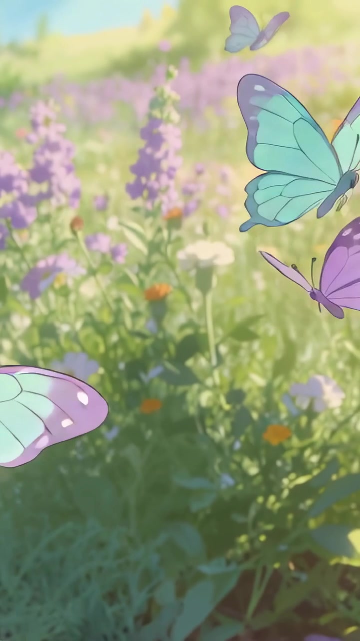 Vertical video: Wing fluttering sending teal butterflies gliding in sunlit meadow seeking nectar