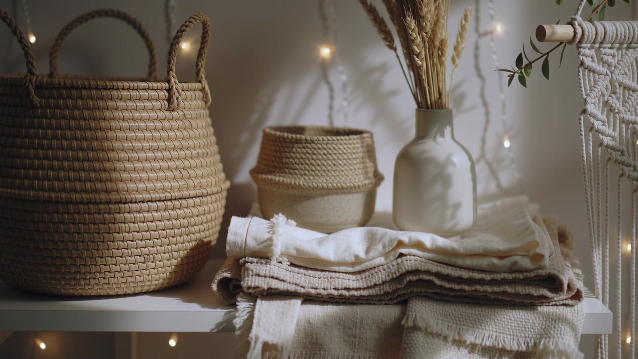 Slow camera zooming over boho shelf at home showing baskets, textiles, vase and fairy lights