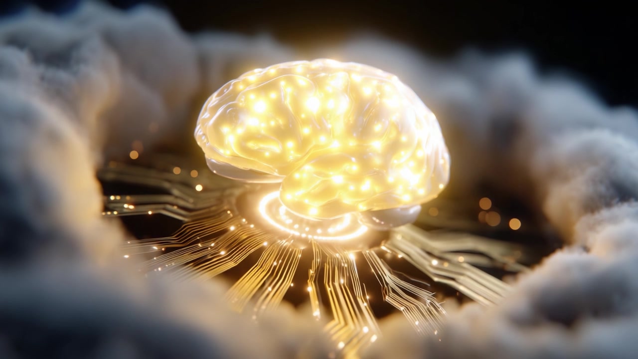 Cervello illuminato circondato da nuvole eteree e circuiti, che rappresenta l'intersezione tra tecnologia e cognizione umana in una visione futuristica.
