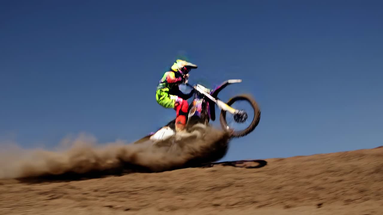 Dynamic low-angle shot of a motocross rider soaring through the air, capturing motion and energy