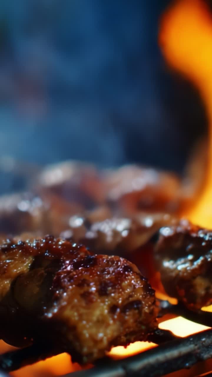 Spiedini di barbecue sfrigolanti cotti su una fiamma ardente: primo piano accattivante di carne bruciata su una griglia con fiamme che danzano sullo sfondo