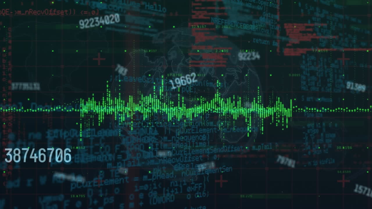 Animation of data processing and numbers on black background