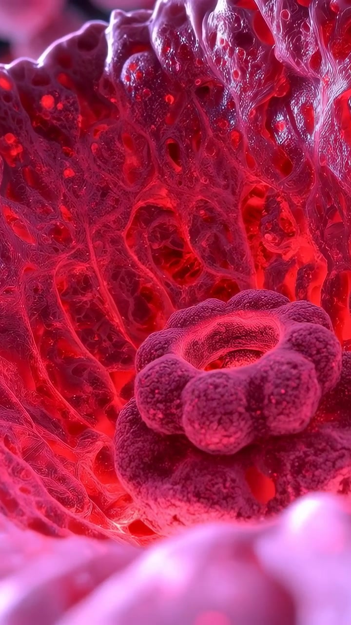Vertical video: Pulling back camera revealing concentric ring nodules in pink-red lit porous cavity