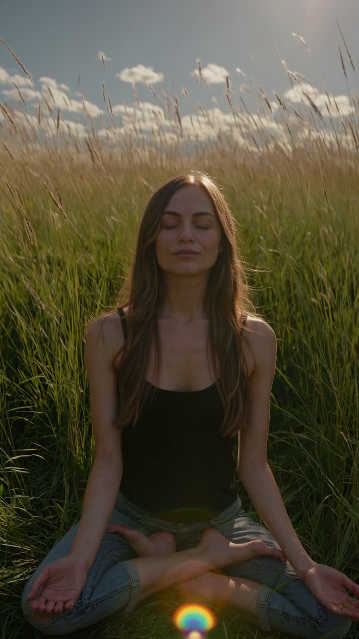 Low-angle video shot of a person meditating in a sunlit field, capturing serene vibes with tall