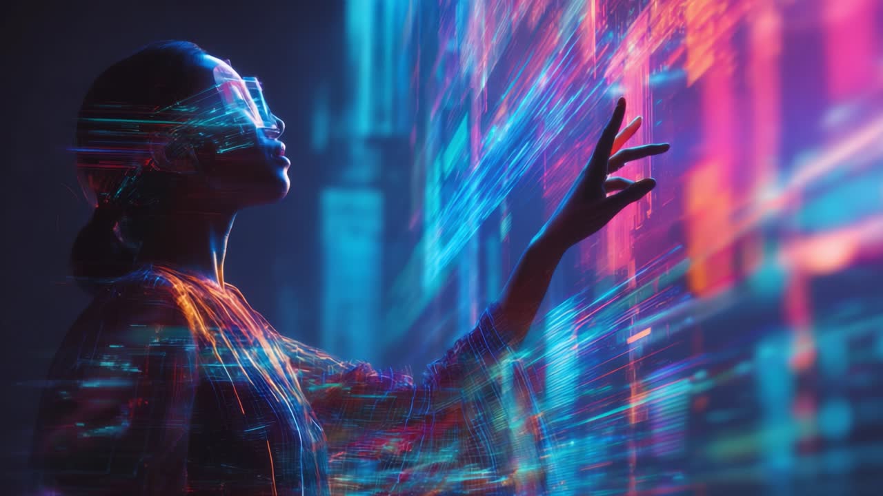 A futuristic exploration of digital interaction, showcasing a silhouette of a woman wearing glasses, as she reaches out to touch vibrant holographic data streams on a glowing screen