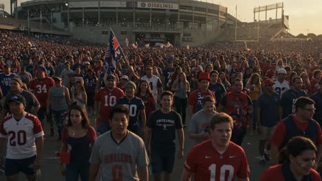 a thrilling sports gathering: thousands of enthusiastic fans arrive at the stadium, uniting in passion and team spirit for an unforgettable game experience