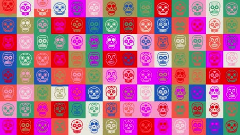bucle de cráneo. animación. fondo de patrón sin costuras. telón de fondo de cráneos humanos pequeños y divertidos en iconos multicolores. halloween, día de los muertos mexicano