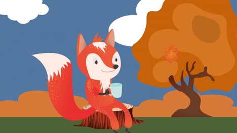 animation of fox sitting on tree trunk with autumn leaves and autumn scenery