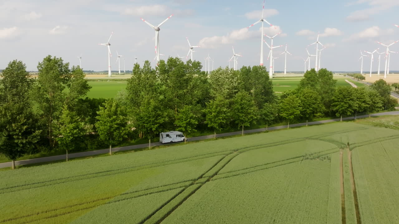 Aerial view following a RV driving in front of wind turbines, sustainable travel