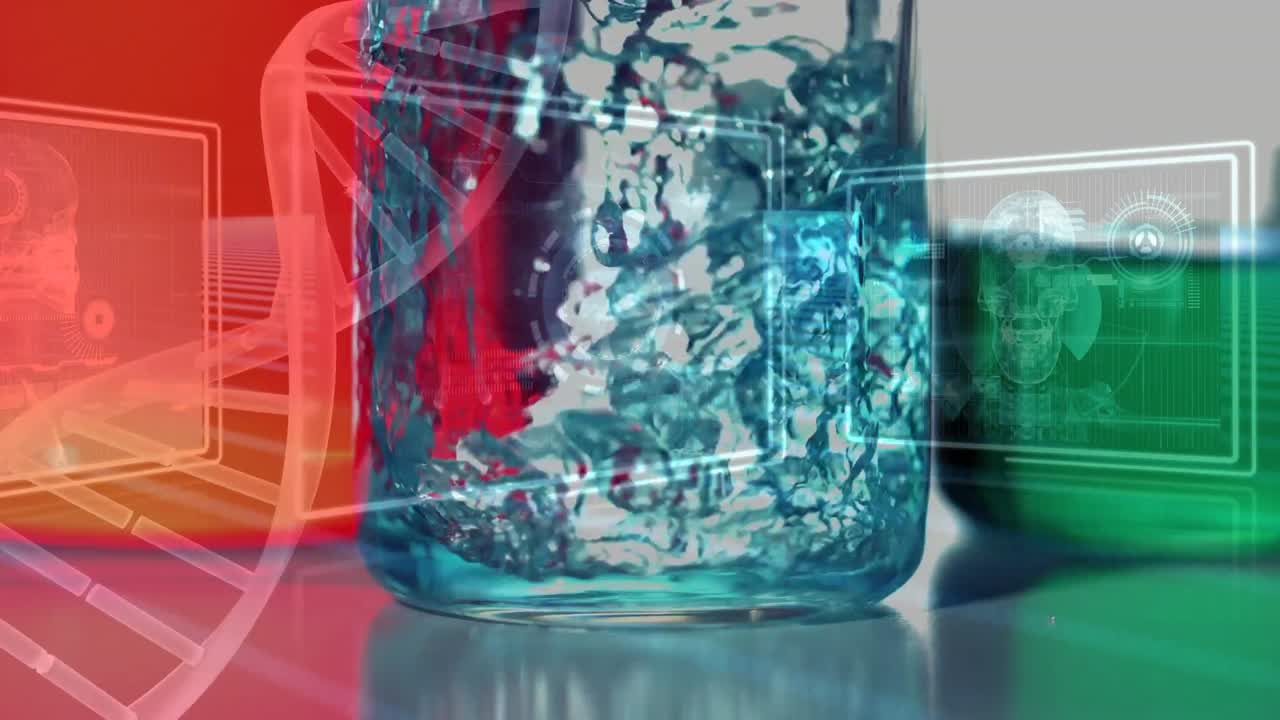 animación de la cadena de adn y procesamiento de datos sobre vasos con líquido