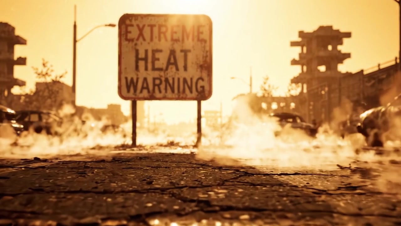 A Stark Reminder of Climate Change: The Alarming 'Extreme Heat Warning' Sign Amidst a Desolate Urban Landscape Under Scorching Sunlight