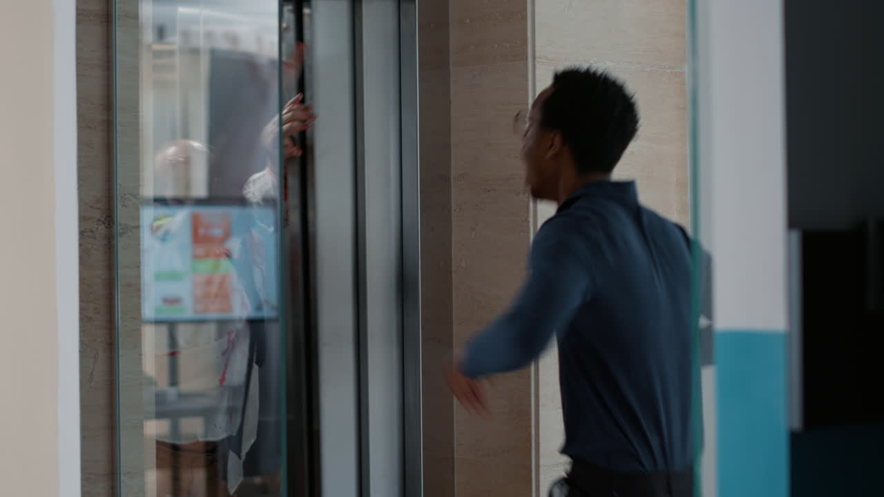 Confident adult going home after work when fearful evil looking zombies came out of elevator