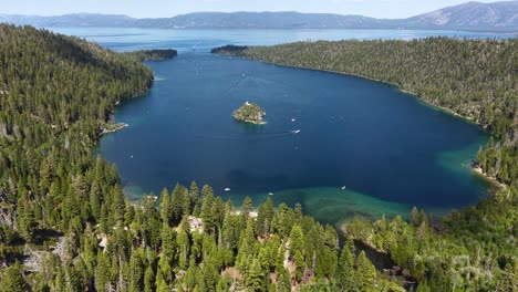 emerald bay, lake tahoe, california usa. revealing drone shot of landscape and fannette island