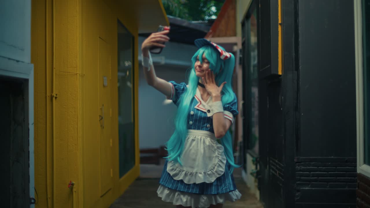 Ragazza anime in cosplay da cameriera che si scatta un selfie in un vicolo
