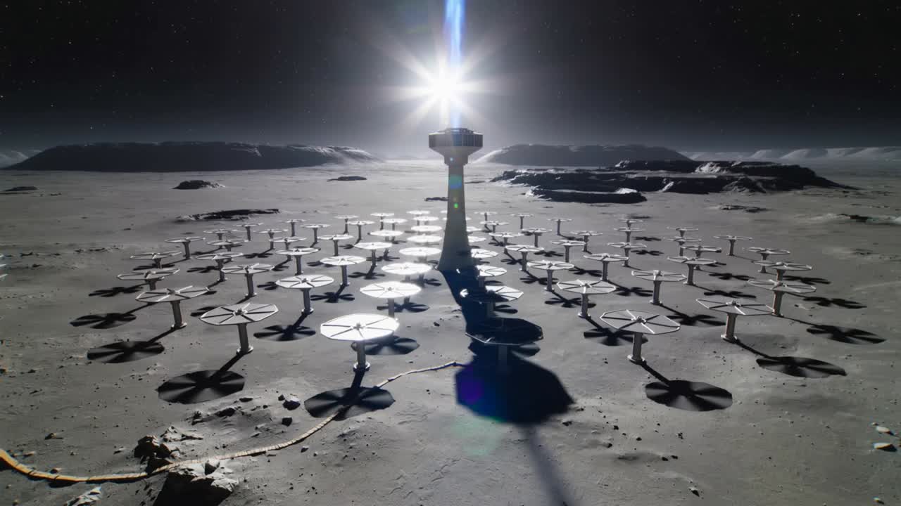 Tracking camera advancing toward solar tower on lunar plain, revealing collectors, cables, sunburst