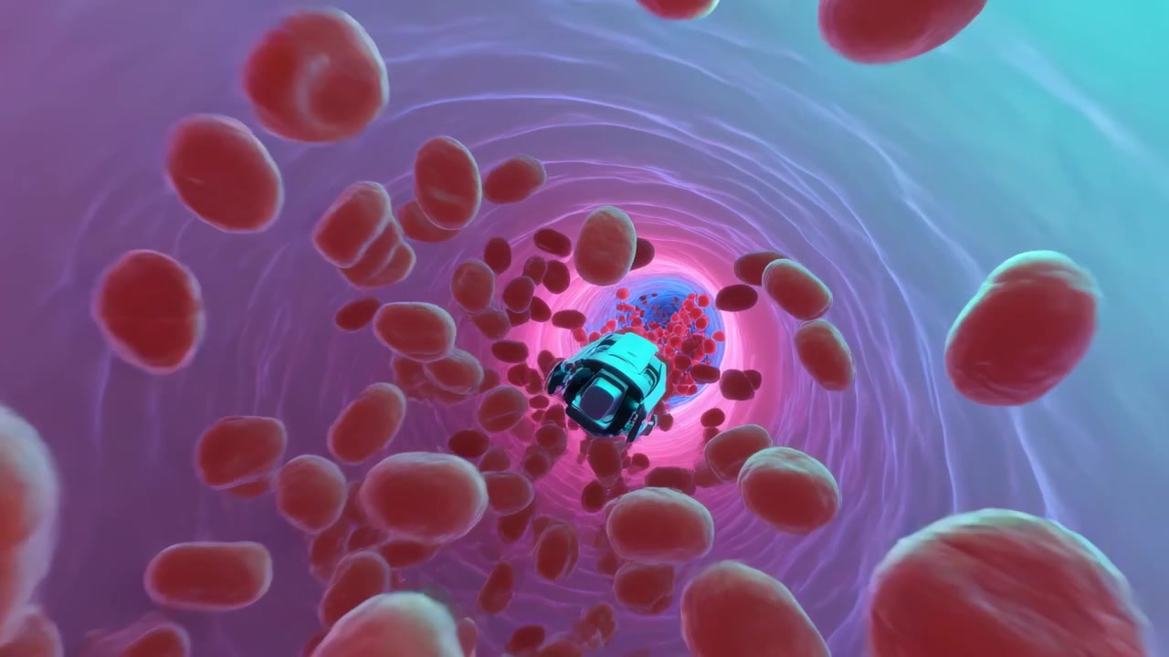 Thrusters firing white-blue probe moving down pink vessel toward bluish cluster passing red cells