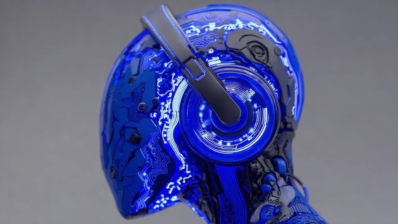Futuristic robotic head featuring intricate blue circuitry and a high-tech headphone design, showcasing a blend of art and technology in a sleek, modern style