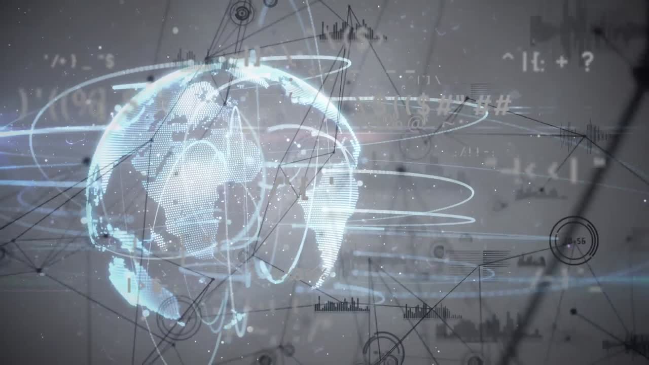 animación de la red de conexiones, procesamiento de datos y globo sobre fondo negro