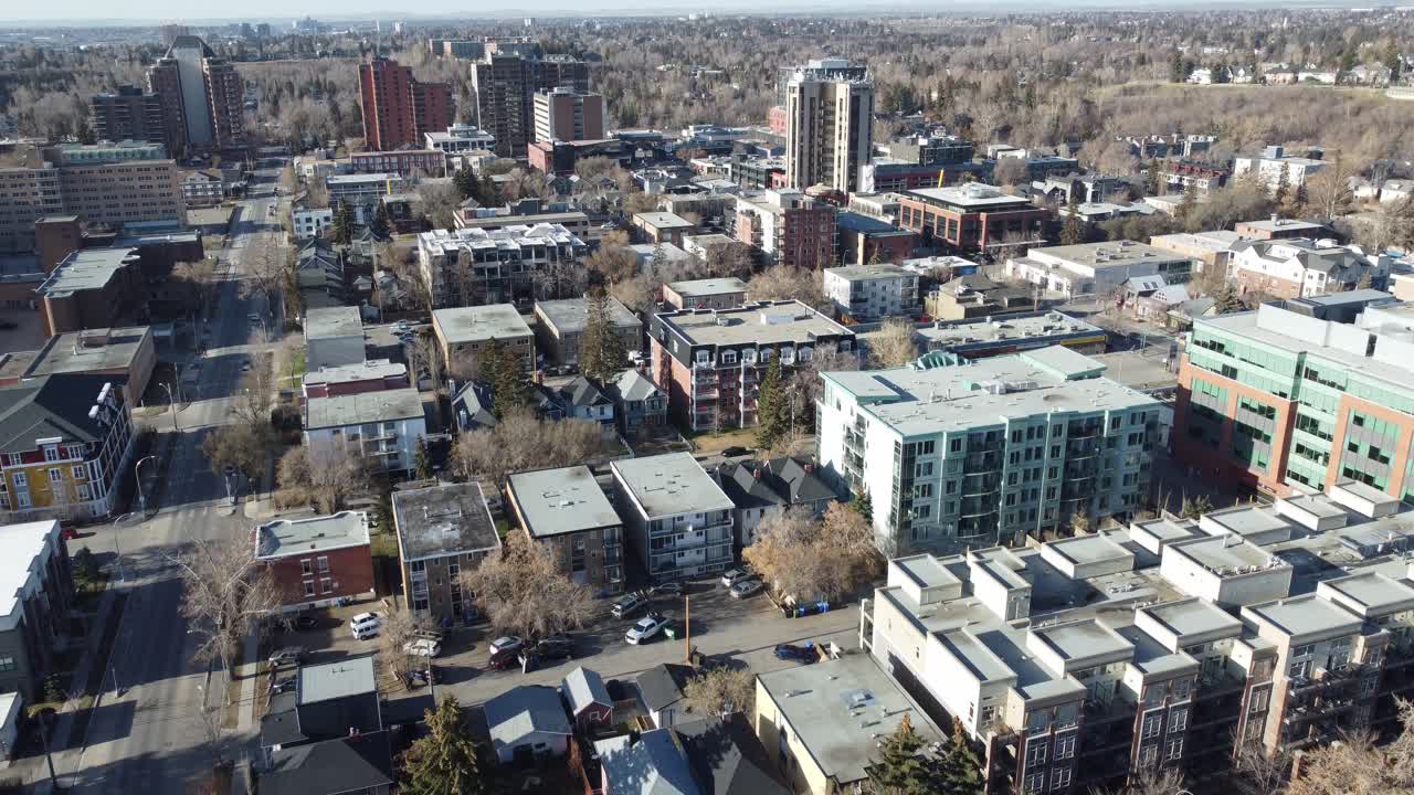 Aerial view of Calgary's inner-city neighbourhood of Mission on an early spring morning