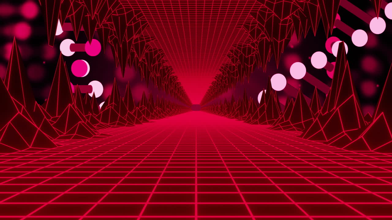 Glowing pink lights on geometric shapes in futuristic neon grid tunnel animation