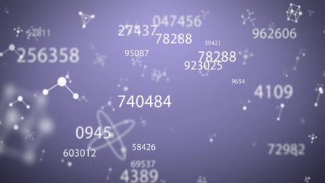 Multiple numbers changing against molecular structures on purple background