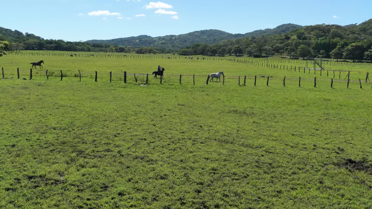 Pessoa montando a cavalo em pastagem verde com montanhas ao fundo