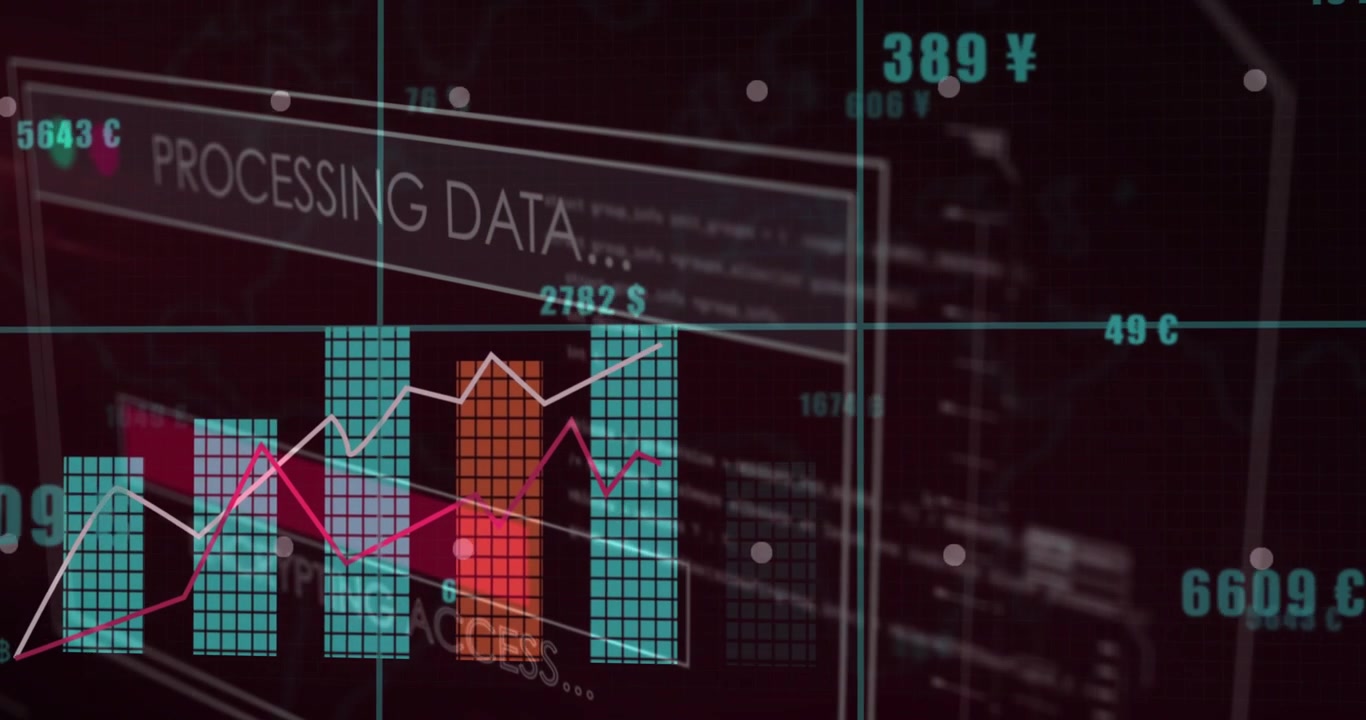 Data chart animating in dark HUD processing panel sliding bars rising trend lines tracking currency