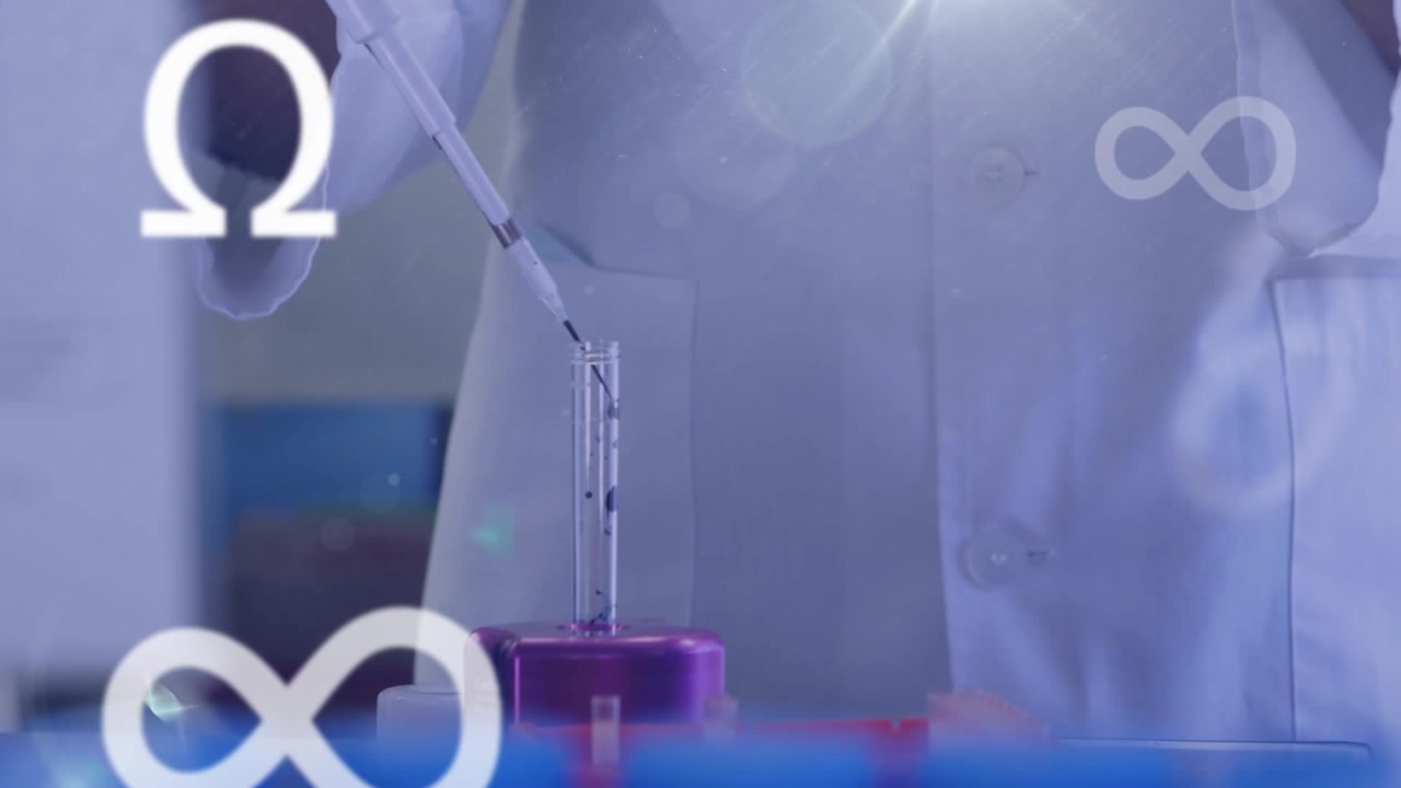 Animation of multiple symbols over midsection of scientist injecting liquid in test-tube