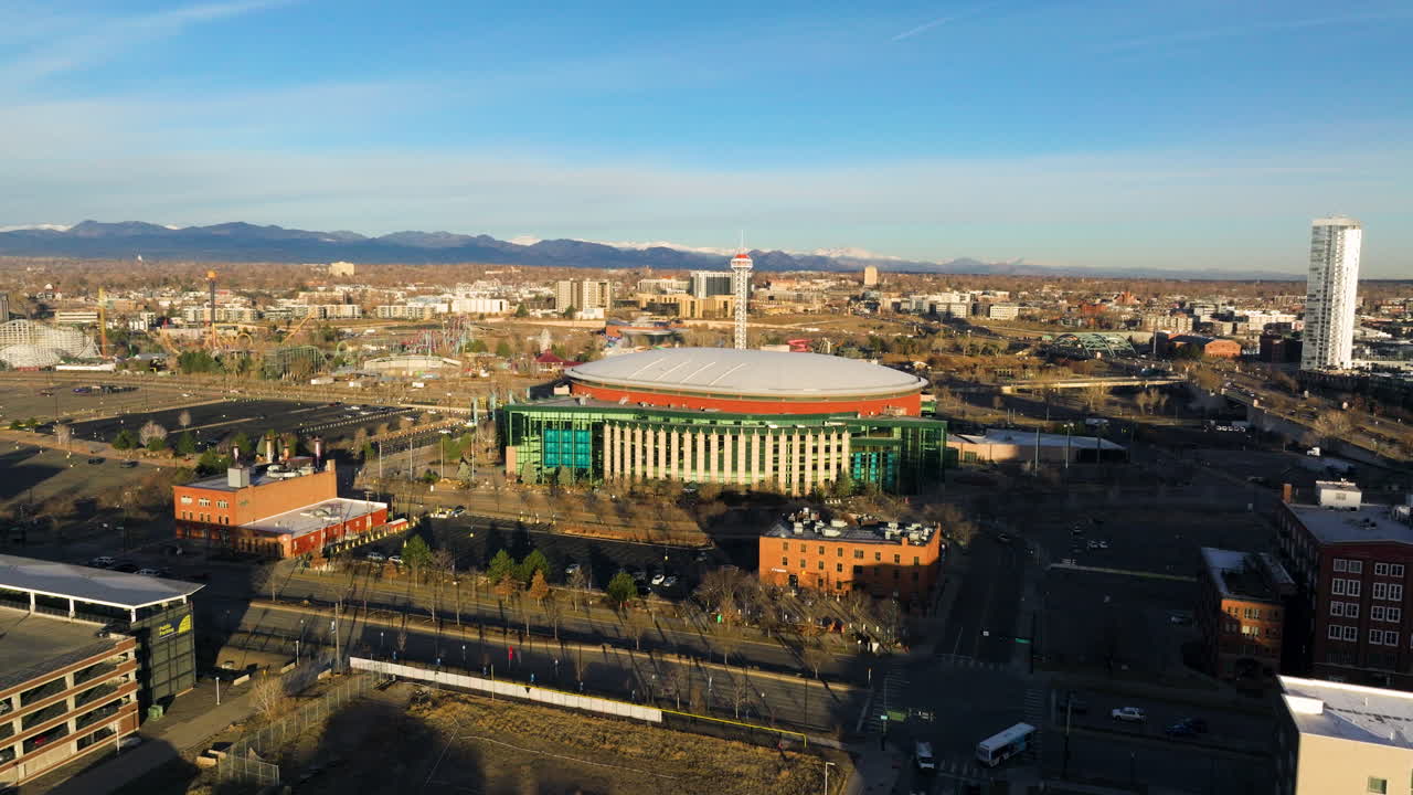 High angle aerial view of Ball Arena and surroundings in Colorado