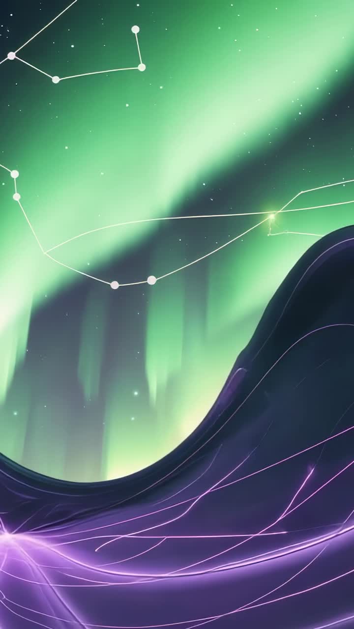 Vertical video: Opening purple wave pulsing in night sky, shifting aurora and flickering star lines