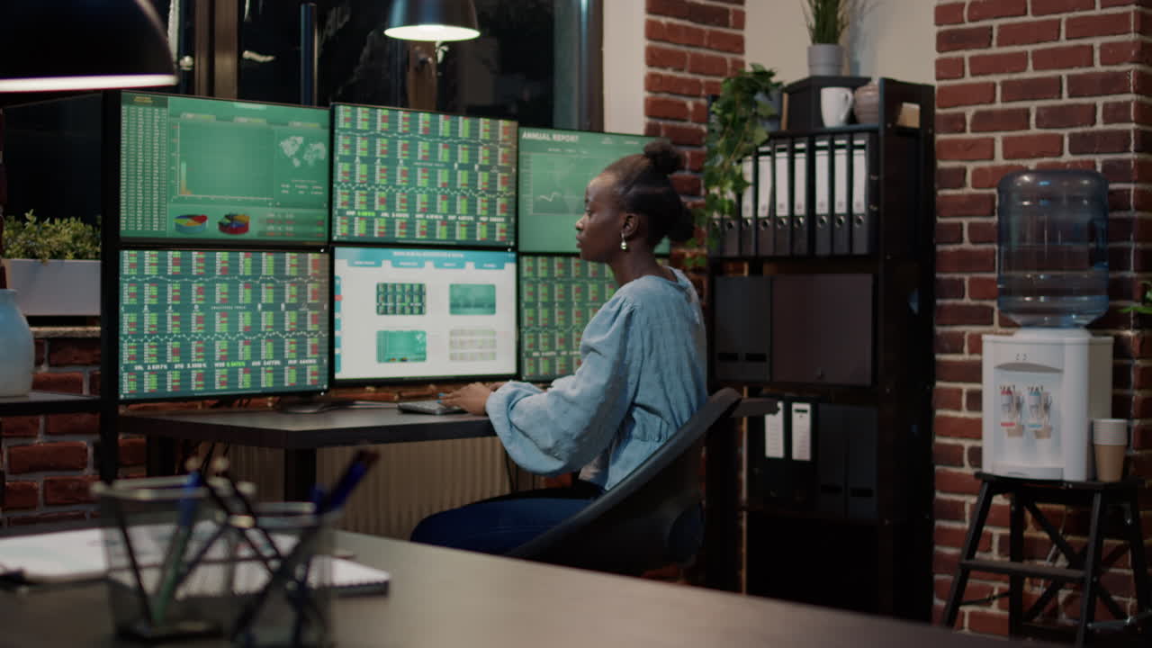 Woman investor looking at forex stock market sales growth