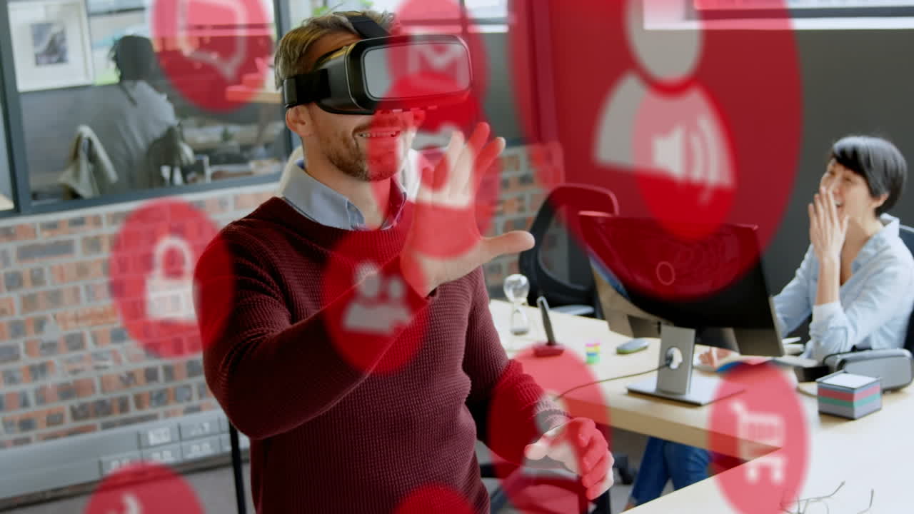 vr 헤드 ⁇ 을 사용하여 백인 남성 위에 떨어지는 아이콘의 애니메이션