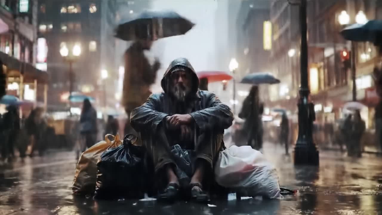 Heavy rain pours down on a busy city. A homeless man sits amidst garbage bags, looking for shelter while people rush by with umbrellas, illustrating the stark contrast of lifestyles.