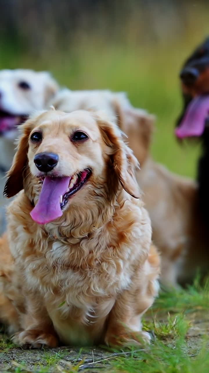 Portrait of dachshunds. Adorable dogs sitting on the green grass in hot summer day. Pets resting among nature. Vertical video