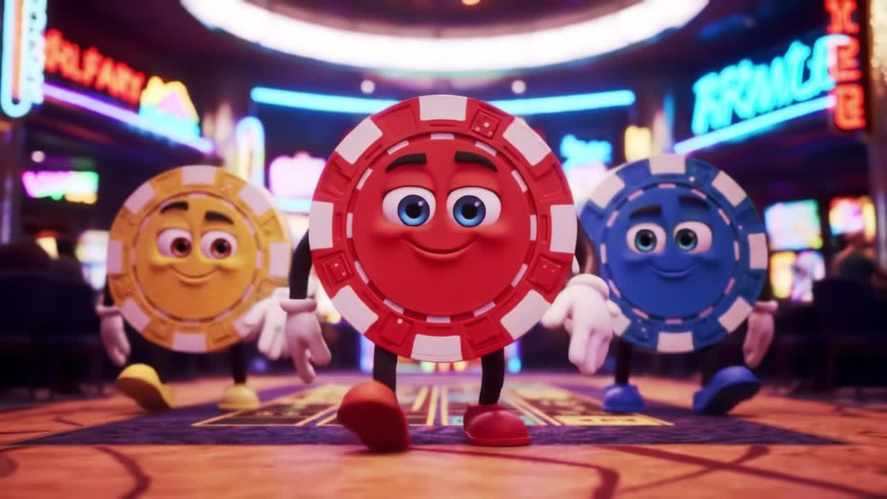 Colorful Animated Casino Chips Journeying Through a Vibrant Casino Scene Filled with Neon Lights, Fun, and Excitement, Showcasing Their Playful Personalities