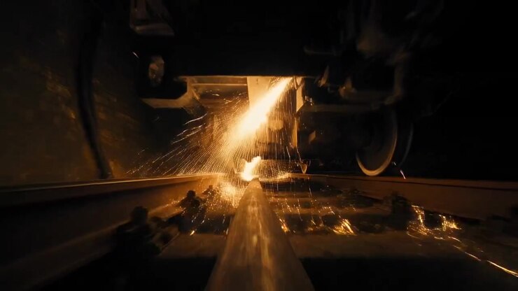 Sparking after metal contact, wheelset spraying molten sparks onto running rail and ties in tunnel