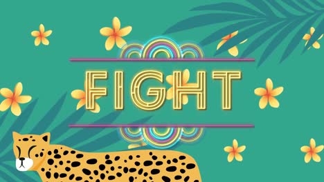 animación de texto de lucha sobre flores y leopardo