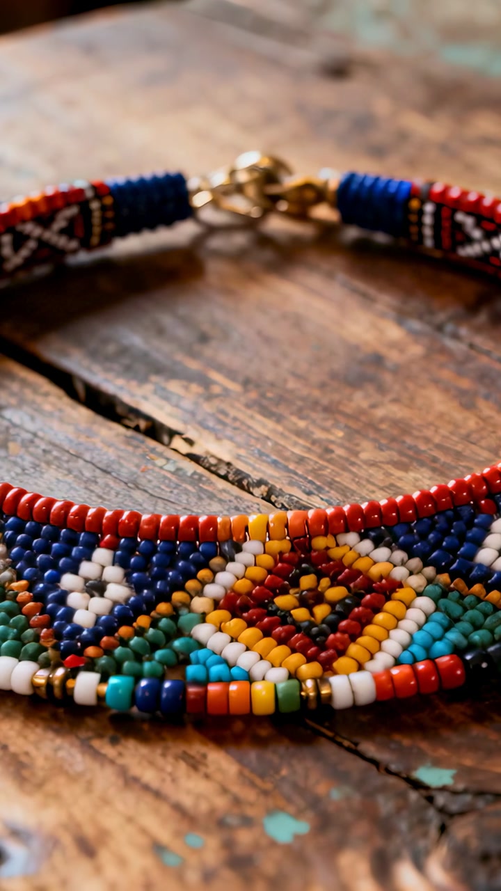 Revealing colorful seed-bead collar on worn wooden tabletop, showing gold clasp and wrapped cords