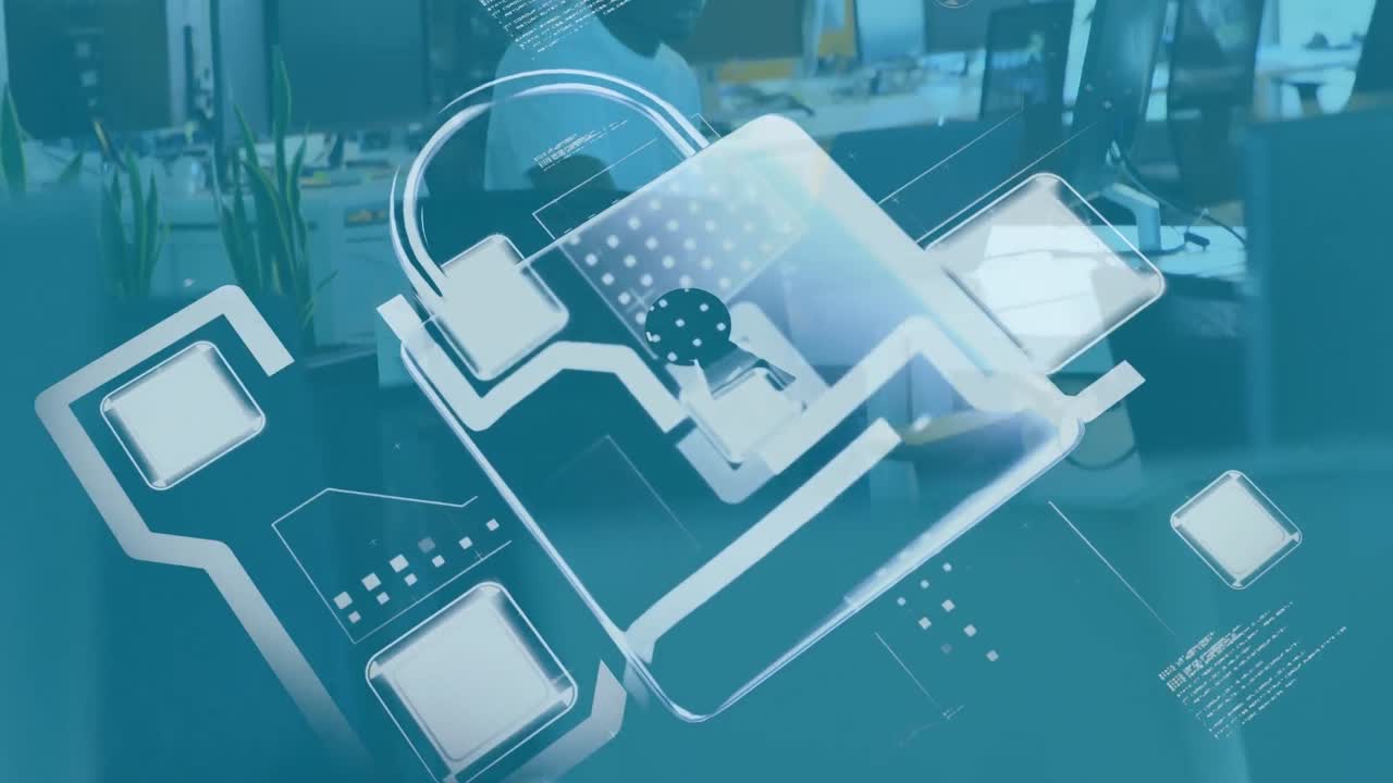 아프리카계 미국인 사업가 사무실에서 생각하고 있는 데이터를 가진 그래픽 락의 애니메이션