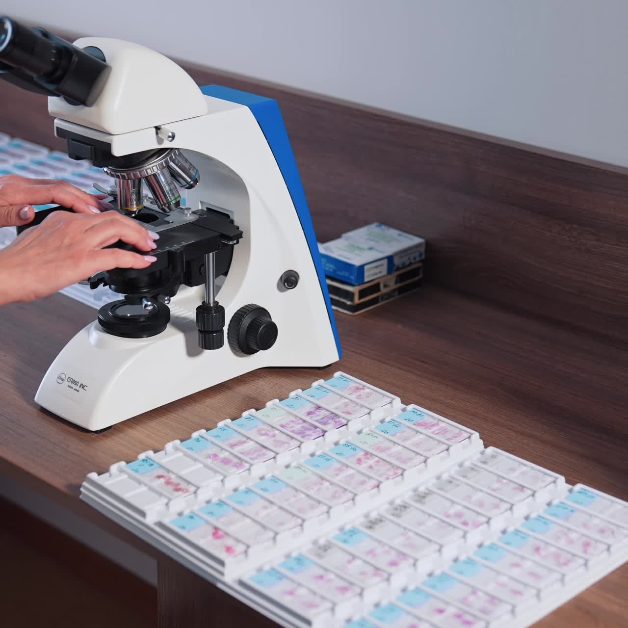 Doctor during biochemical analysis. Drop of samples between two microscope slides