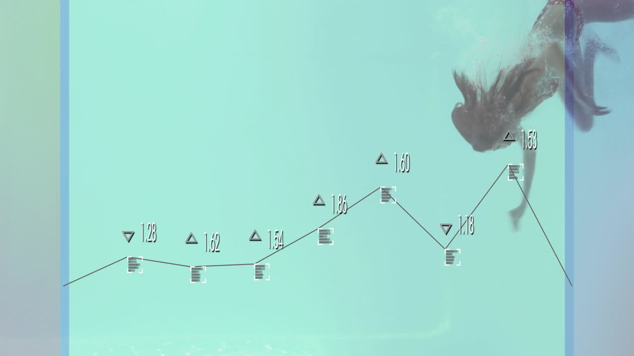 Swimming underwater, diver with financial graph animation displaying data points