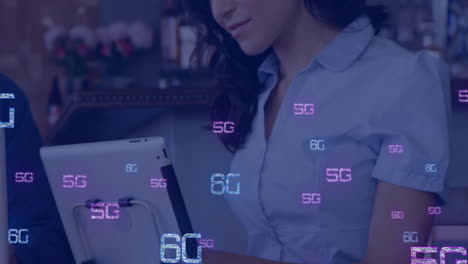 Woman using tablet with 5G and 6G technology text overlay animation
