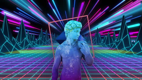 animation of classical statue distorting over digital landscape with neon beams in night sky