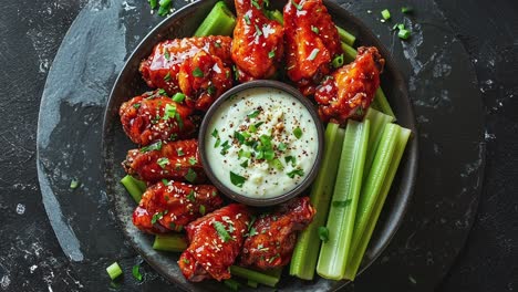 close-up of buffalo chicken wings with celery sticks and ranch dressing