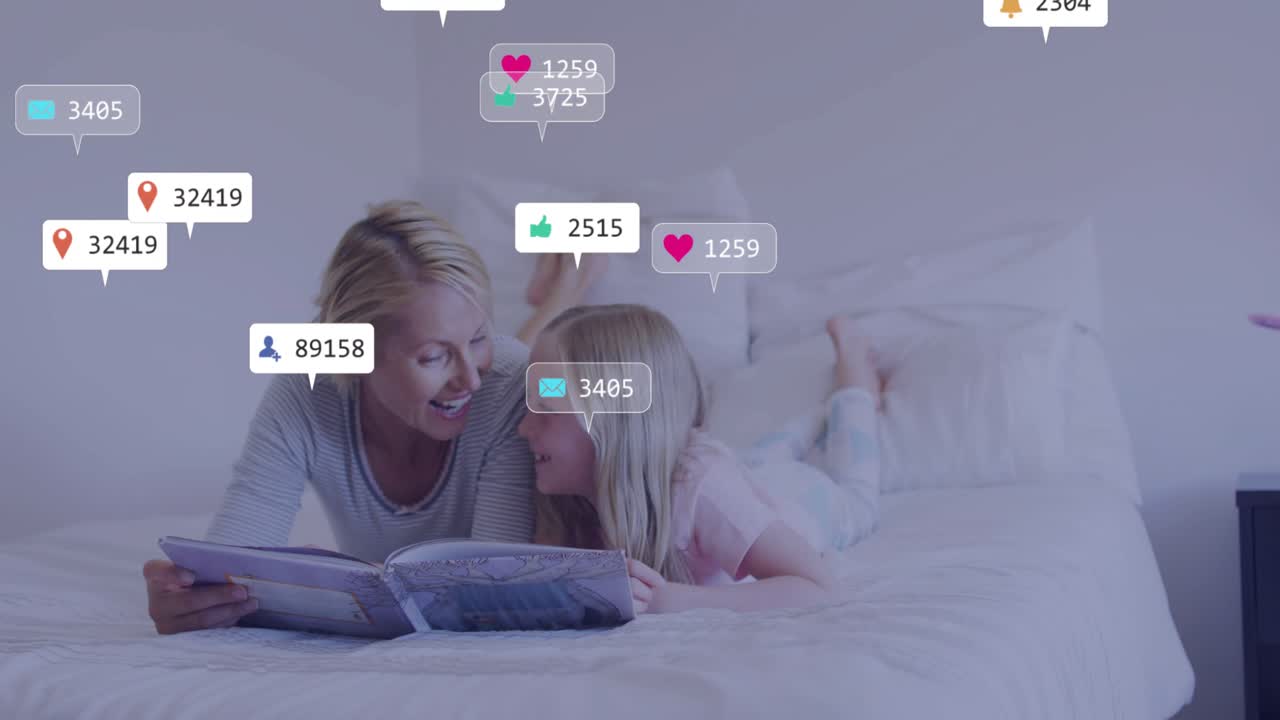 Madre e hija leyendo un libro en la cama con estadísticas empresariales animadas que muestran el crecimiento del engagement